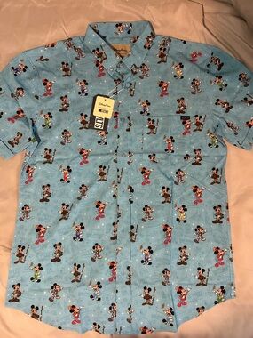 RSVLTS Men's Light Blue Mickey Mouse Short-Sleeve Button-Up Shirt